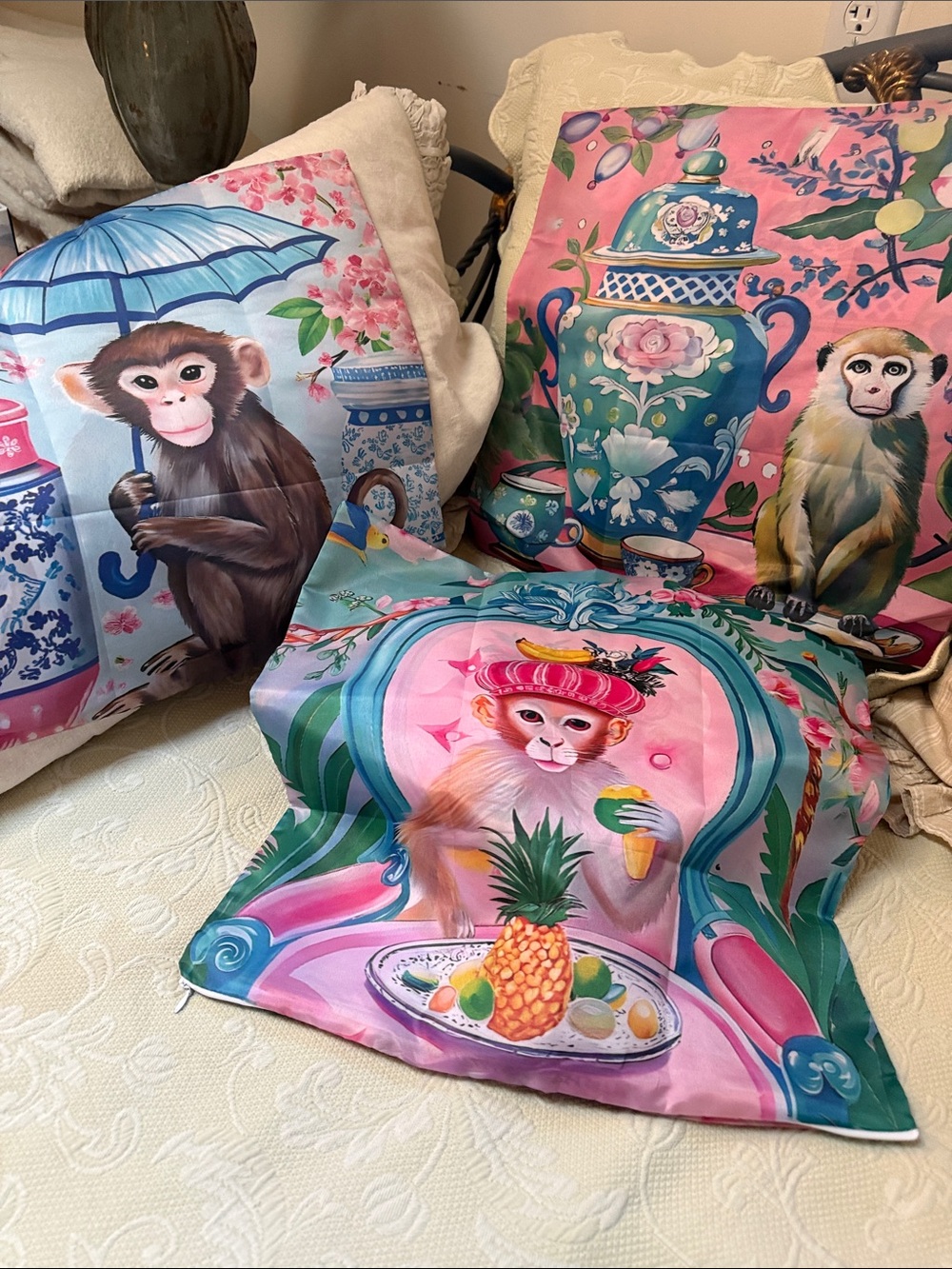 Pink Monkey Decorative Throw Pillow Cover 
SET OF 3
with Tropical Print